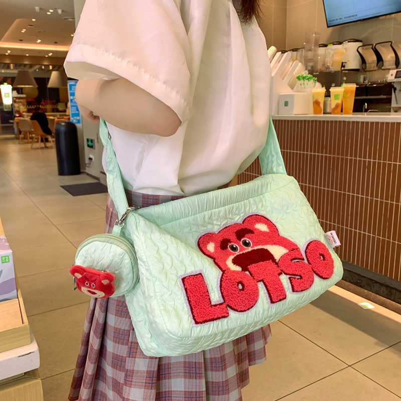 Trendy Summer Cartoon Strawberry Bear Canvas Shoulder Bag for Women, Large Capacity Crossbody Commuter Bag