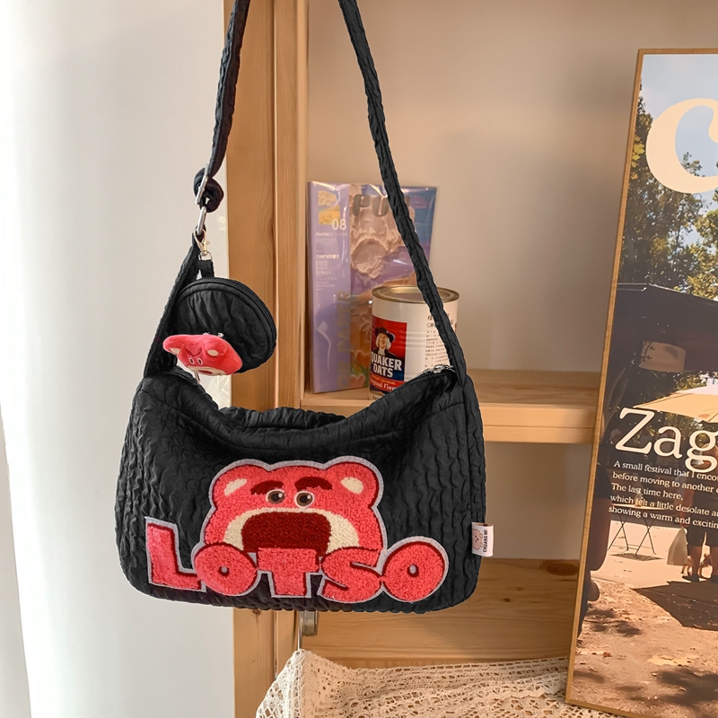 Trendy Summer Cartoon Strawberry Bear Canvas Shoulder Bag for Women, Large Capacity Crossbody Commuter Bag