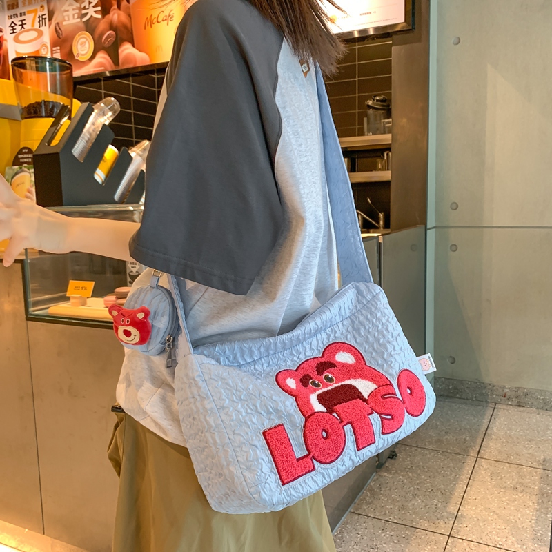 Trendy Summer Cartoon Strawberry Bear Canvas Shoulder Bag for Women, Large Capacity Crossbody Commuter Bag Trendy Summer Cartoon Strawberry Bear Canvas Shoulder Bag for Women, Large Capacity Crossbody Commuter Bag