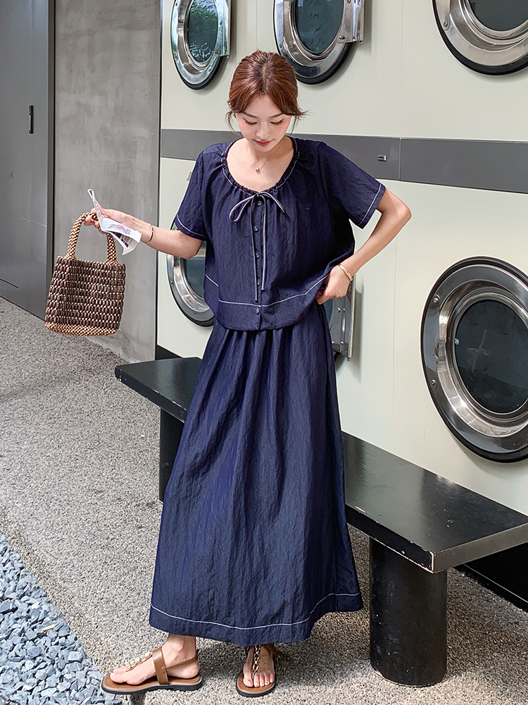 Trendy Summer Denim Two-Piece Set for Women - Light Mature Style Short Sleeve Top & Wide-Leg Pants Outfit Trendy Summer Denim Two-Piece Set for Women - Light Mature Style Short Sleeve Top & Wide-Leg Pants Outfit