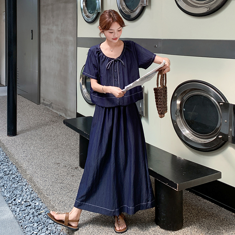 Trendy Summer Denim Two-Piece Set for Women - Light Mature Style Short Sleeve Top & Wide-Leg Pants Outfit Trendy Summer Denim Two-Piece Set for Women - Light Mature Style Short Sleeve Top & Wide-Leg Pants Outfit