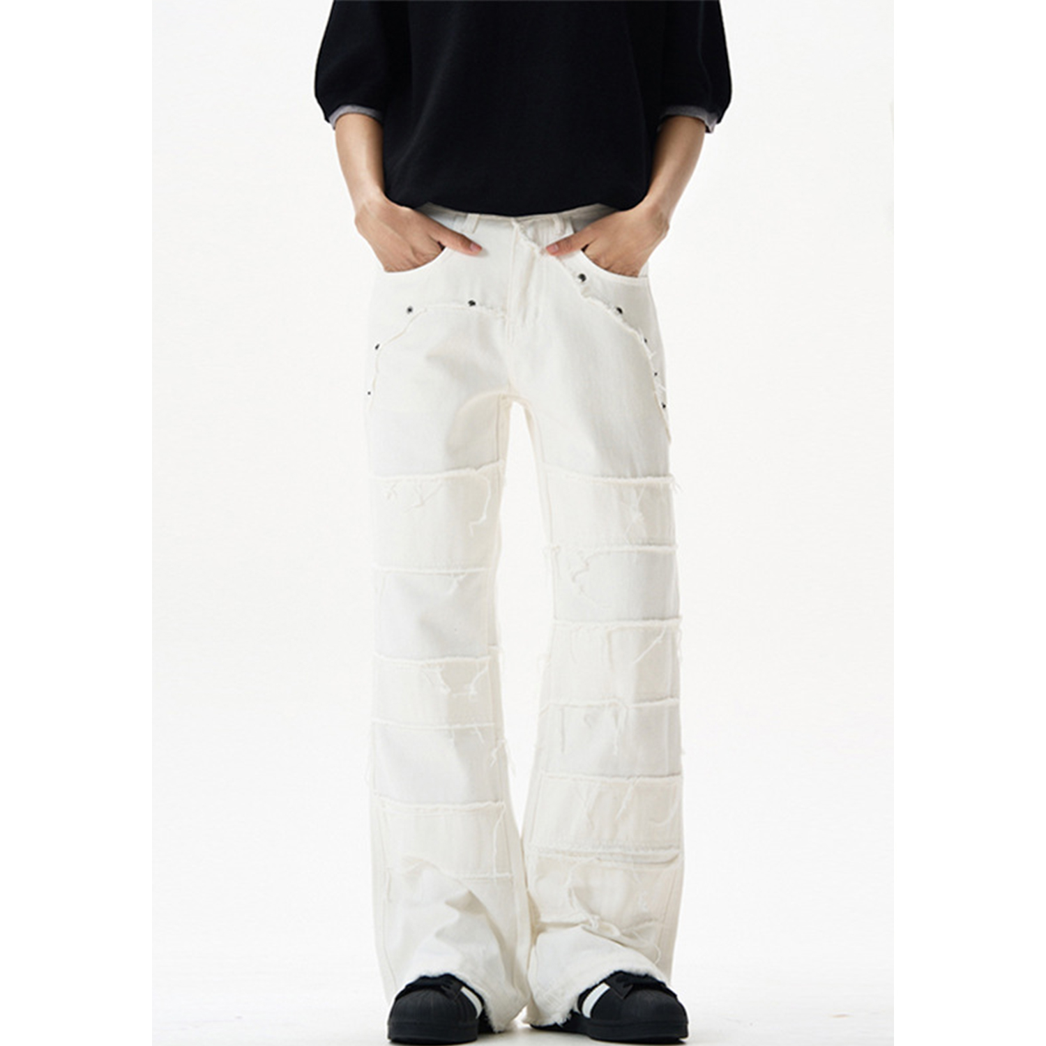 Trendy Unisex Distressed White Jeans - Slim-Fit Flared Pants for American High Street Style