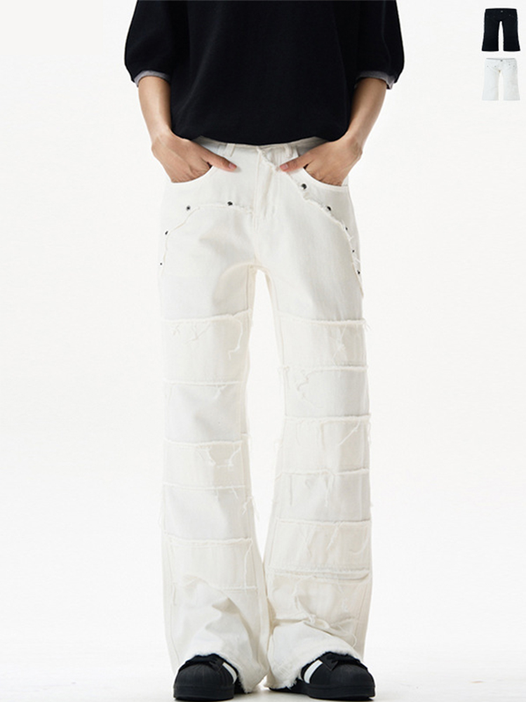 Trendy Unisex Distressed White Jeans - Slim-Fit Flared Pants for American High Street Style