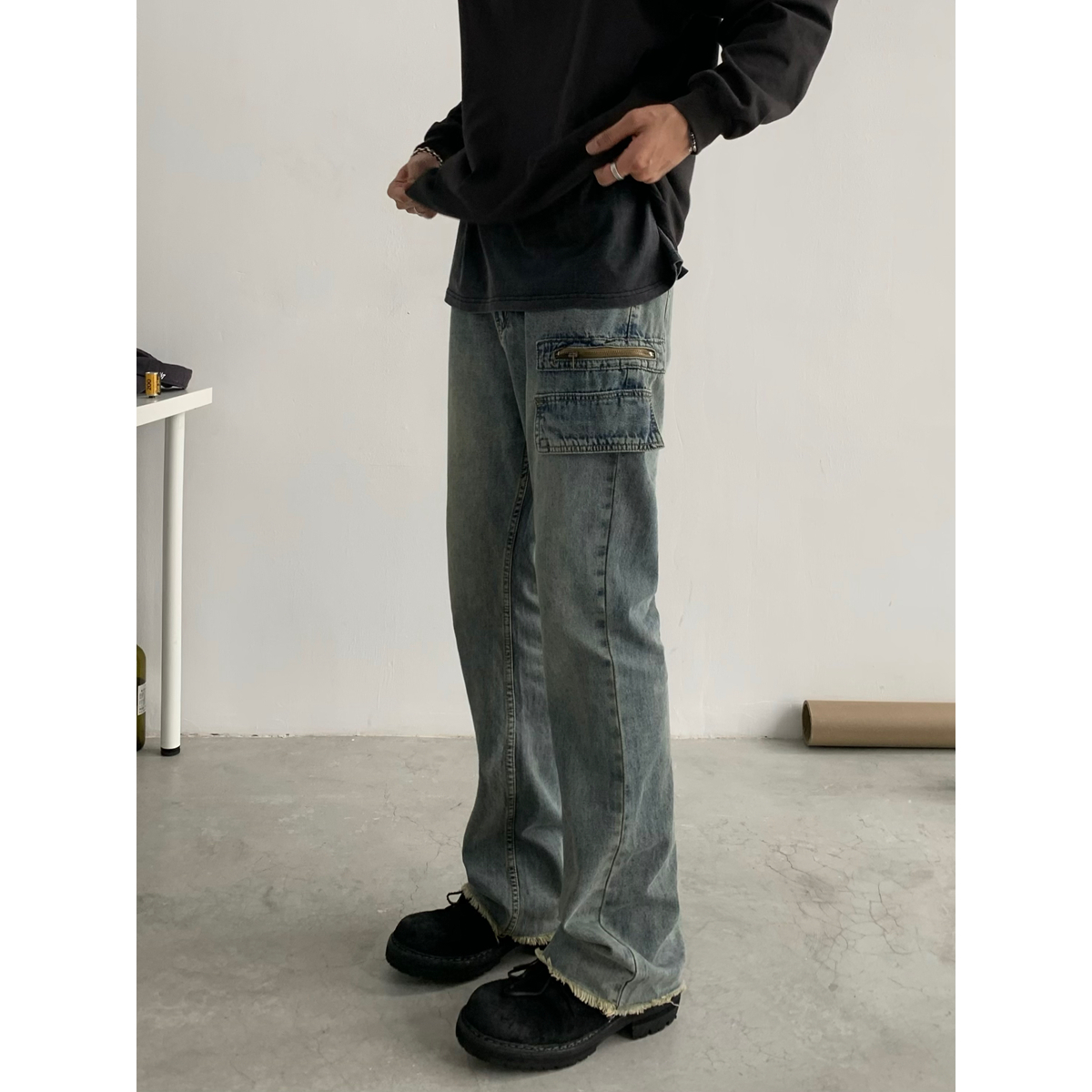 Trendy Vintage High Street Men's Distressed Micro Flared Jeans - American Style Washed Long Pants