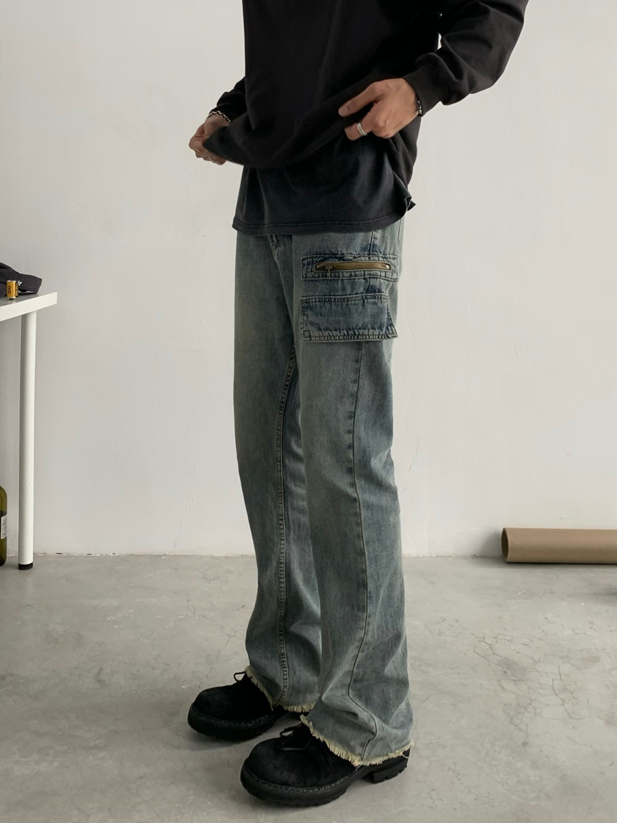 Trendy Vintage High Street Men's Distressed Micro Flared Jeans - American Style Washed Long Pants