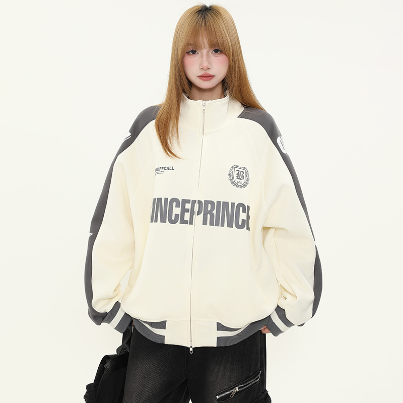 Trendy Women's Color-Blocking Stand-Up Collar Jacket - American Style Loose Fit Spring Couples Outerwear