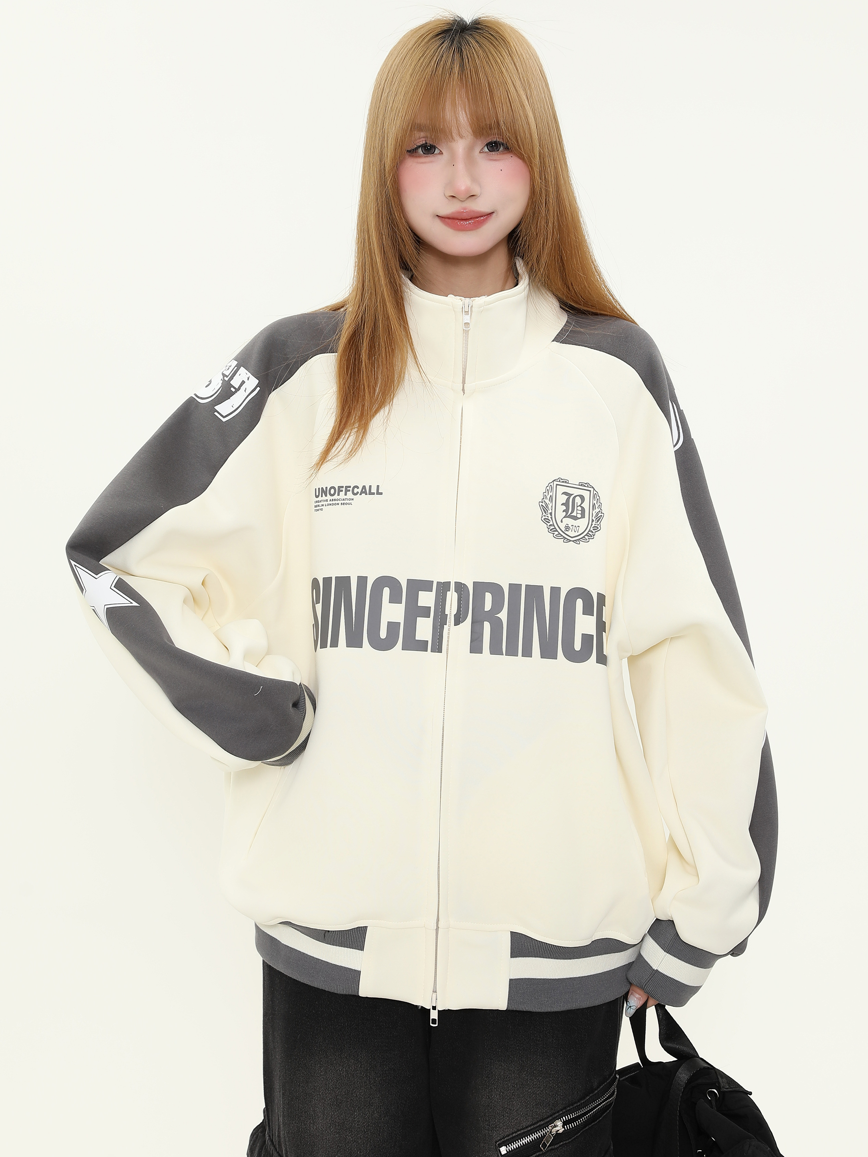 Trendy Women's Color-Blocking Stand-Up Collar Jacket - American Style Loose Fit Spring Couples Outerwear