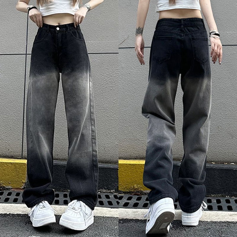 Trendy Women's High-Waisted Black and Gray Wide-Leg Pants - Casual Versatile American High Street Style