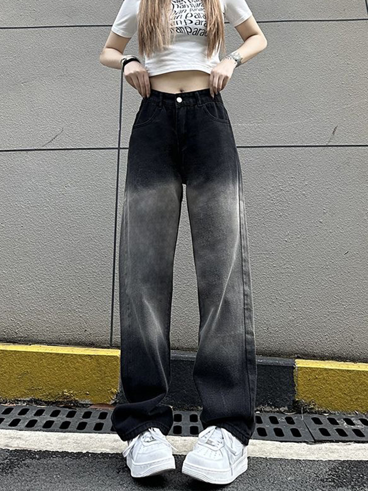 Trendy Women's High-Waisted Black and Gray Wide-Leg Pants - Casual Versatile American High Street Style Trendy Women's High-Waisted Black and Gray Wide-Leg Pants - Casual Versatile American High Street Style