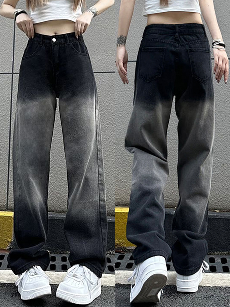 Trendy Women's High-Waisted Black and Gray Wide-Leg Pants - Casual Versatile American High Street Style