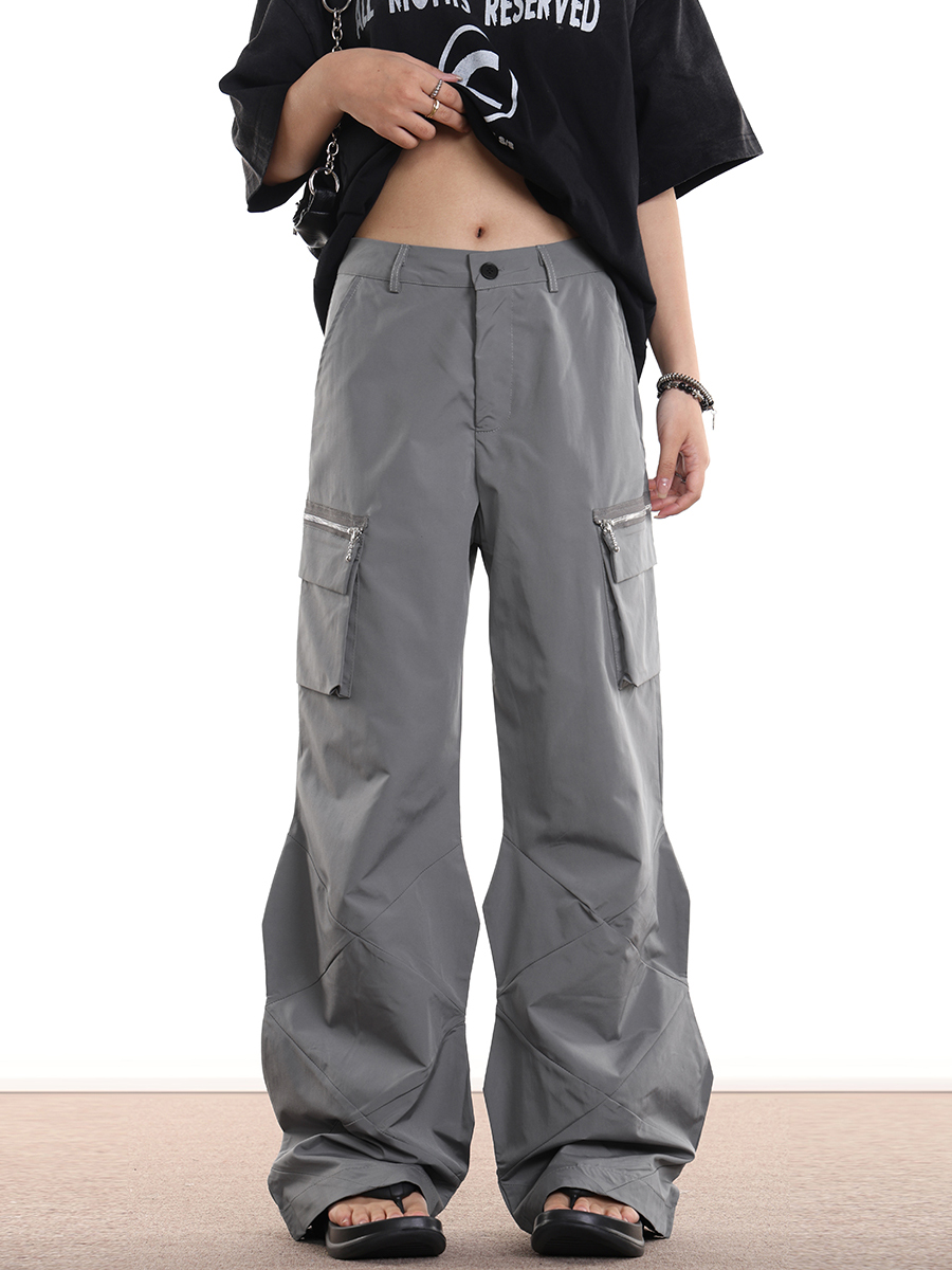 Trendy Workwear Wide-Leg Functional Streetwear Pants with Zip Pockets for Men and Women - Hip-Hop Style, Urban Fashion
