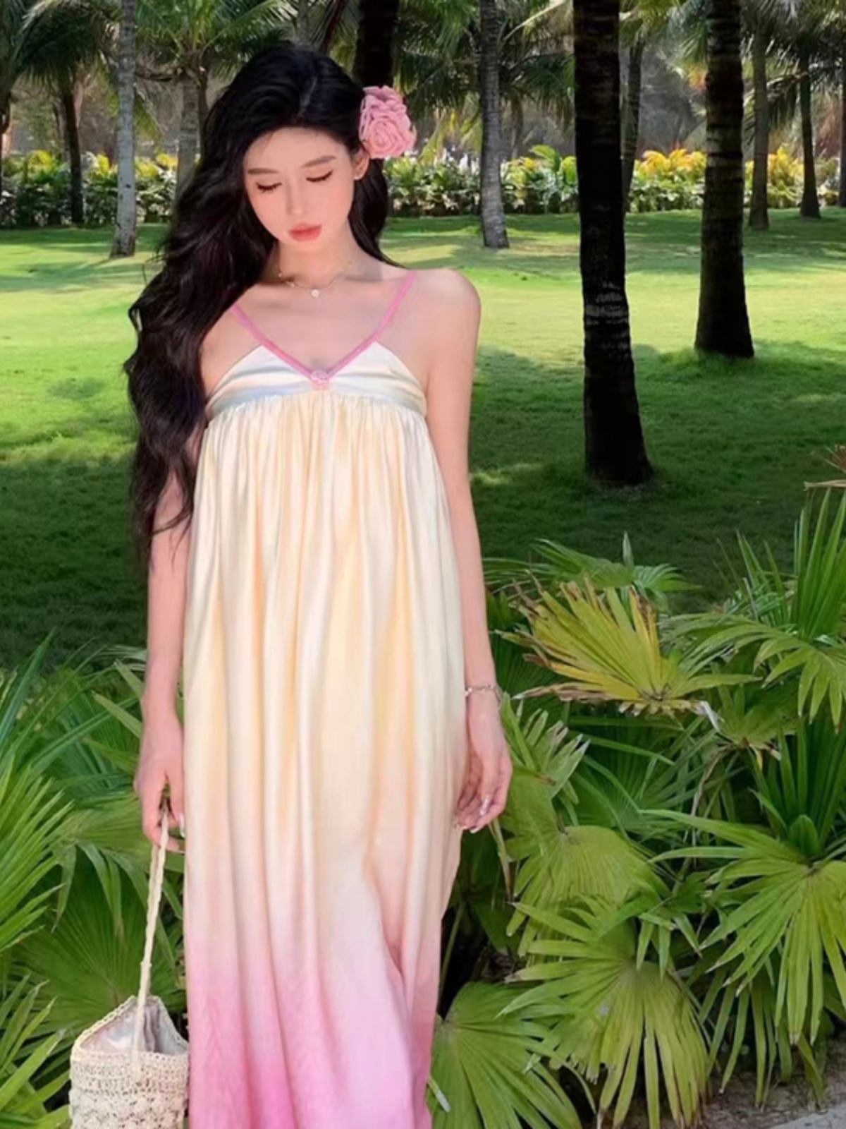 Tulip Yellow Gradient Spaghetti Strap Dress - French-Style Ultra-Fairy Vacation Floral V-Neck Dress for Seaside Vibes Tulip Yellow Gradient Spaghetti Strap Dress - French-Style Ultra-Fairy Vacation Floral V-Neck Dress for Seaside Vibes