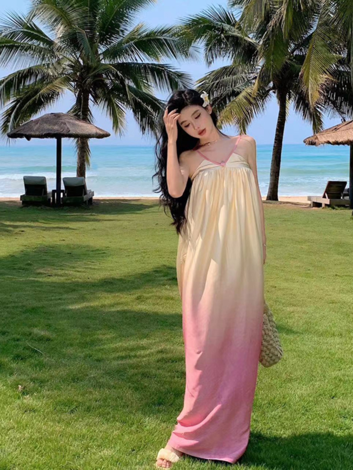 Tulip Yellow Gradient Spaghetti Strap Dress - French-Style Ultra-Fairy Vacation Floral V-Neck Dress for Seaside Vibes