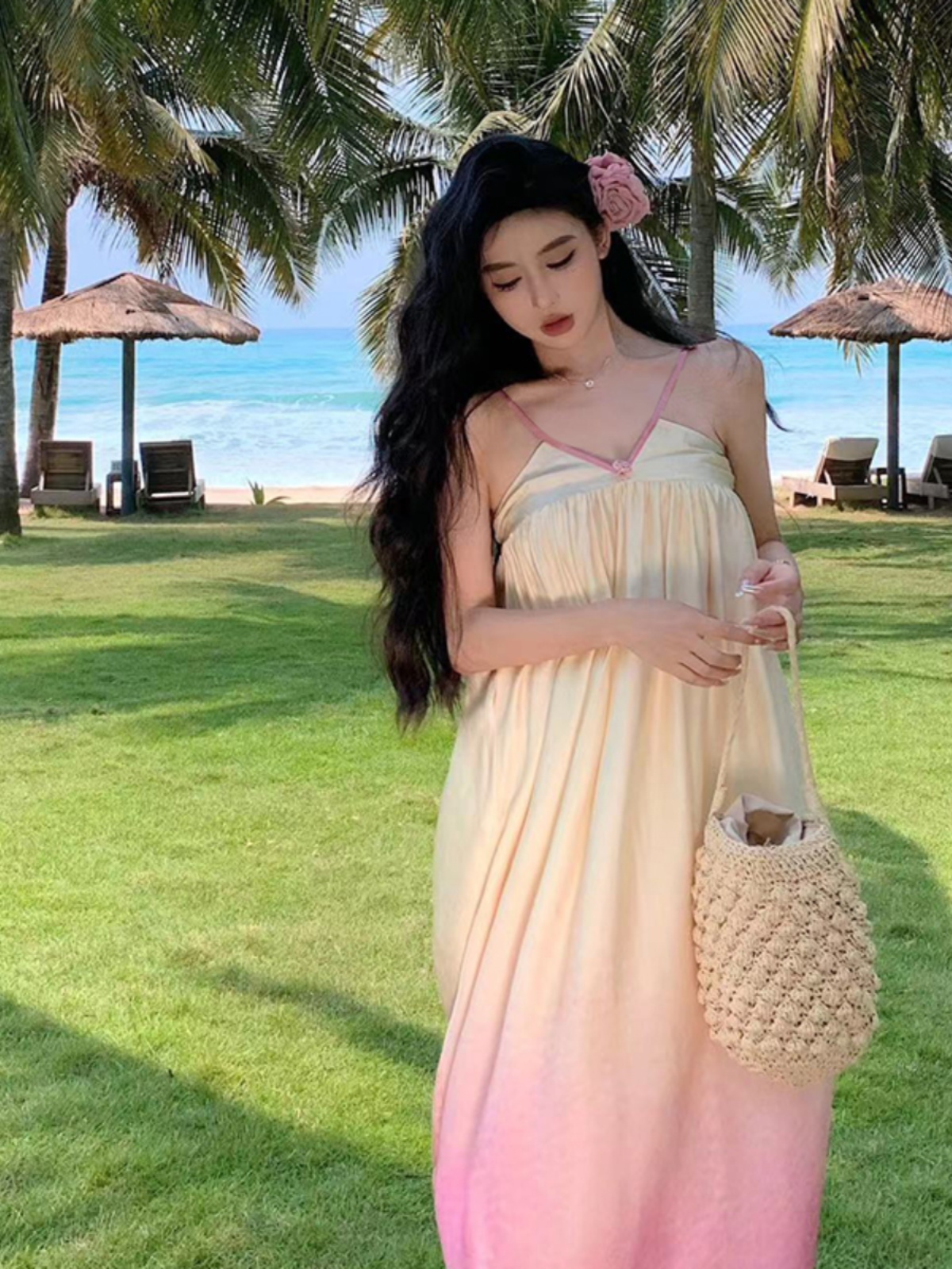 Tulip Yellow Gradient Spaghetti Strap Dress - French-Style Ultra-Fairy Vacation Floral V-Neck Dress for Seaside Vibes Tulip Yellow Gradient Spaghetti Strap Dress - French-Style Ultra-Fairy Vacation Floral V-Neck Dress for Seaside Vibes