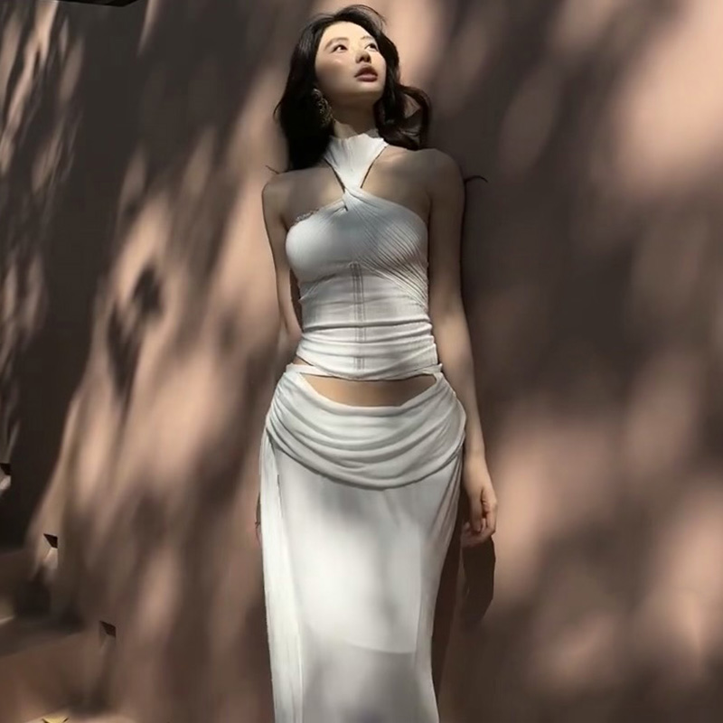 Twisted Neck Knitted Vest Top with High-Waisted Bodycon Fishtail Long Skirt - Sexy Summer Look for Women Twisted Neck Knitted Vest Top with High-Waisted Bodycon Fishtail Long Skirt - Sexy Summer Look for Women