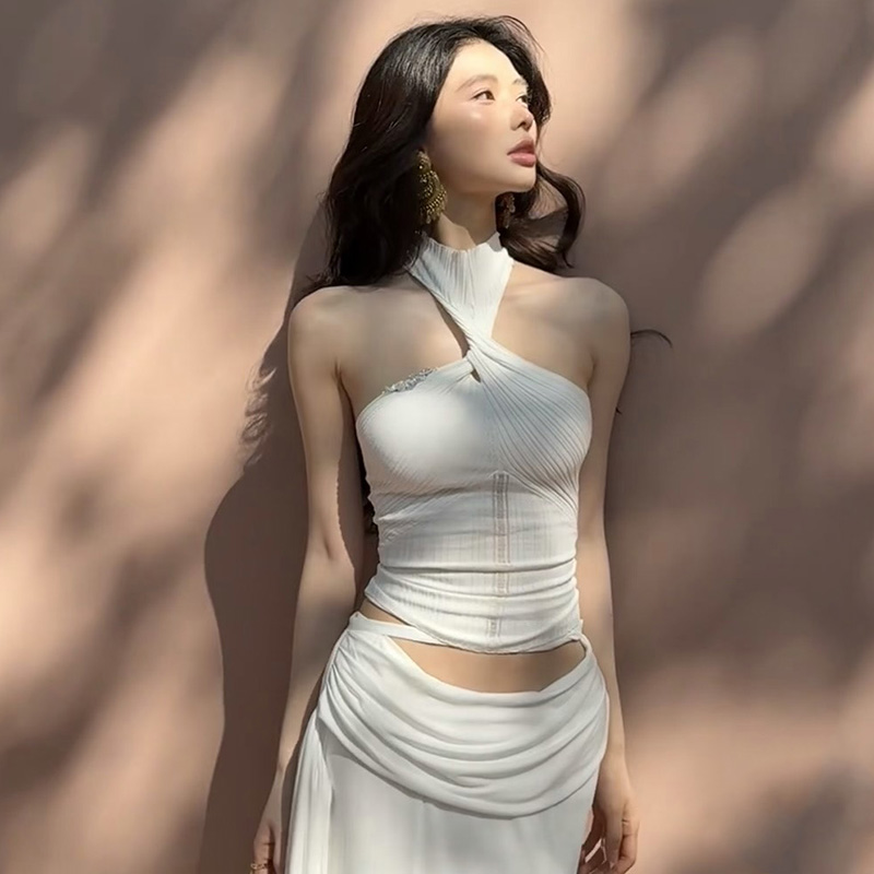 Twisted Neck Knitted Vest Top with High-Waisted Bodycon Fishtail Long Skirt - Sexy Summer Look for Women