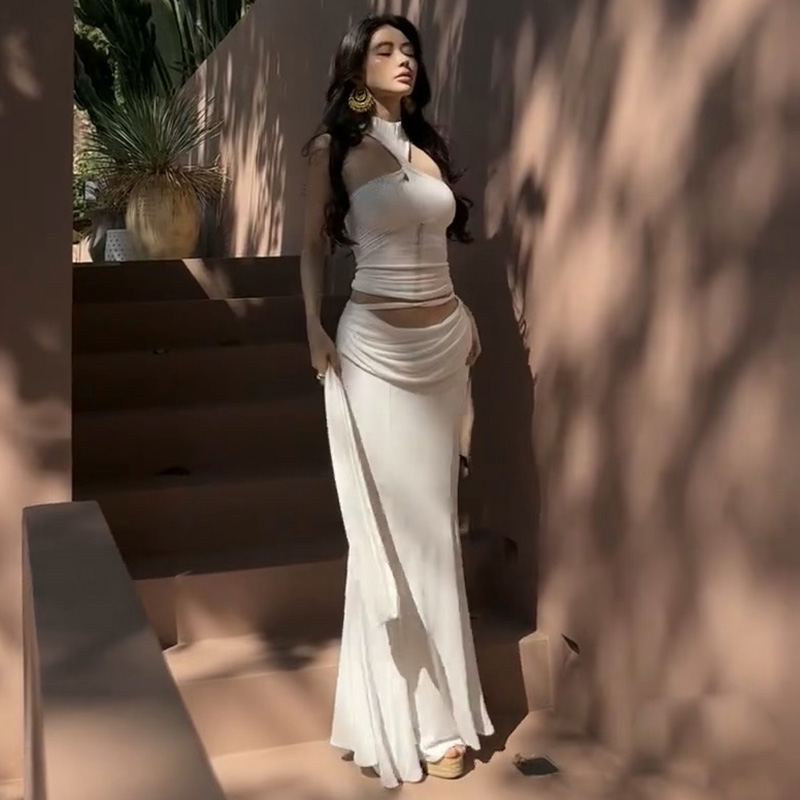 Twisted Neck Knitted Vest Top with High-Waisted Bodycon Fishtail Long Skirt - Sexy Summer Look for Women