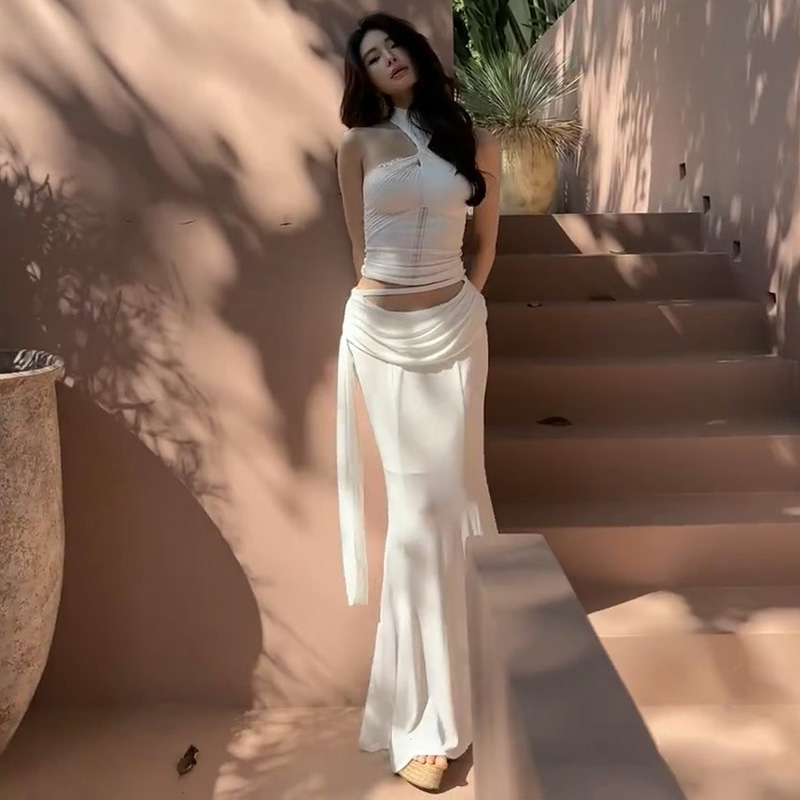 Twisted Neck Knitted Vest Top with High-Waisted Bodycon Fishtail Long Skirt - Sexy Summer Look for Women Twisted Neck Knitted Vest Top with High-Waisted Bodycon Fishtail Long Skirt - Sexy Summer Look for Women