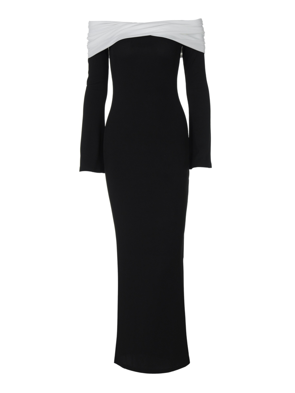 Two-Tone Spliced Off-the-Shoulder Long Sleeve Dress for Women, Fitted Knee-Length Skirt, European American Instagram Style Two-Tone Spliced Off-the-Shoulder Long Sleeve Dress for Women, Fitted Knee-Length Skirt, European American Instagram Style