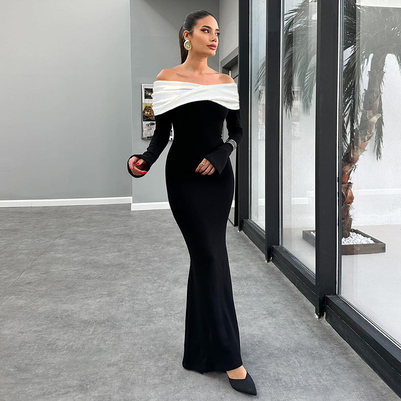 Two-Tone Spliced Off-the-Shoulder Long Sleeve Dress for Women, Fitted Knee-Length Skirt, European American Instagram Style