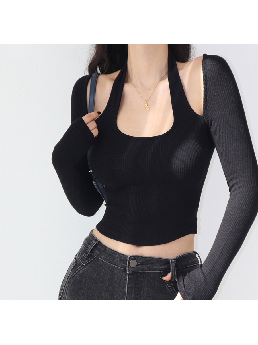 U-Neck Off-Shoulder Halter Top - Retro Elastic Knit Hollow Out Faux Two-Piece Shirt for a Sexy European & American Style Look