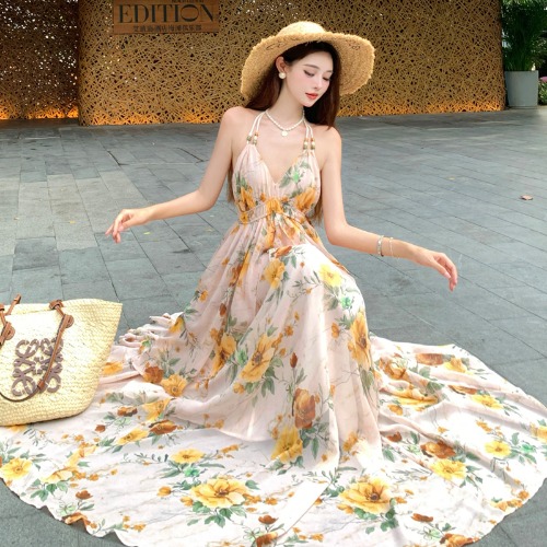Ultra-Feminine Floral Halter Ruffle Spaghetti Strap Maxi Dress - Backless Summer Seaside Vacation Style for Women