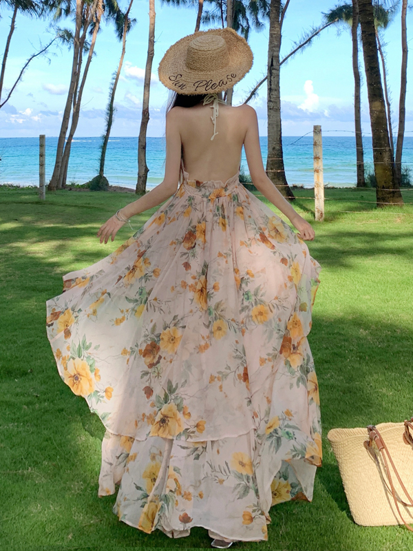 Ultra-Feminine Floral Halter Ruffle Spaghetti Strap Maxi Dress - Backless Summer Seaside Vacation Style for Women Ultra-Feminine Floral Halter Ruffle Spaghetti Strap Maxi Dress - Backless Summer Seaside Vacation Style for Women