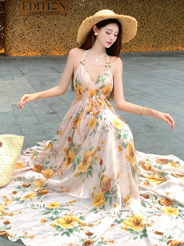 Ultra-Feminine Floral Halter Ruffle Spaghetti Strap Maxi Dress - Backless Summer Seaside Vacation Style for Women