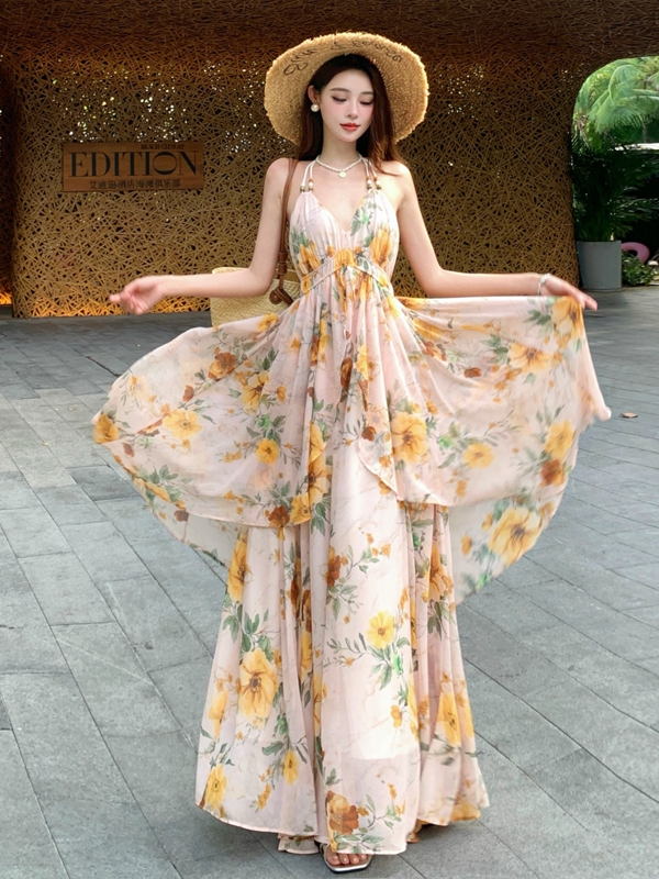 Ultra-Feminine Floral Halter Ruffle Spaghetti Strap Maxi Dress - Backless Summer Seaside Vacation Style for Women Ultra-Feminine Floral Halter Ruffle Spaghetti Strap Maxi Dress - Backless Summer Seaside Vacation Style for Women