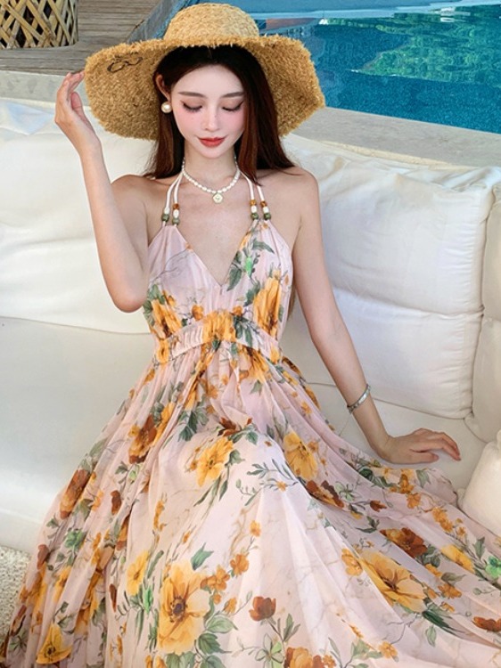 Ultra-Feminine Floral Halter Ruffle Spaghetti Strap Maxi Dress - Backless Summer Seaside Vacation Style for Women Ultra-Feminine Floral Halter Ruffle Spaghetti Strap Maxi Dress - Backless Summer Seaside Vacation Style for Women