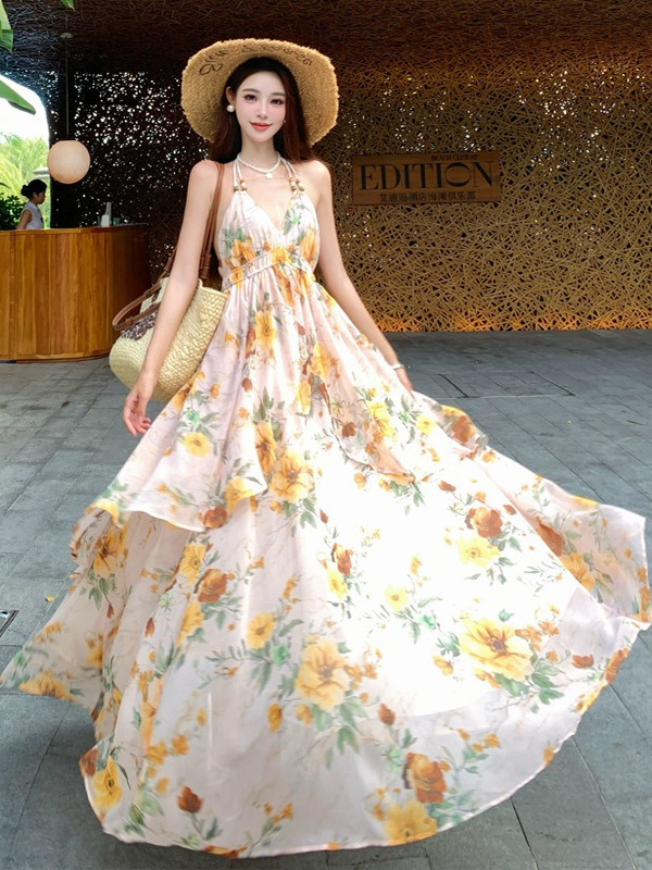 Ultra-Feminine Floral Halter Ruffle Spaghetti Strap Maxi Dress - Backless Summer Seaside Vacation Style for Women Ultra-Feminine Floral Halter Ruffle Spaghetti Strap Maxi Dress - Backless Summer Seaside Vacation Style for Women