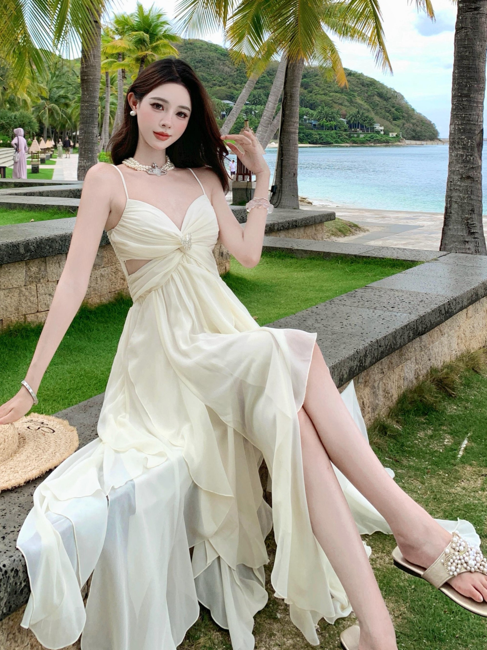 Ultra-Feminine French-Style Ruffled Strap Dress with Irregular Split - Sexy Long Fairy Dress for Beach Vacation Ultra-Feminine French-Style Ruffled Strap Dress with Irregular Split - Sexy Long Fairy Dress for Beach Vacation