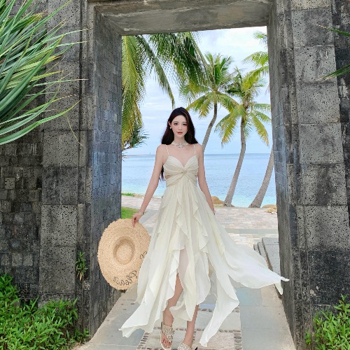 Ultra-Feminine French-Style Ruffled Strap Dress with Irregular Split - Sexy Long Fairy Dress for Beach Vacation