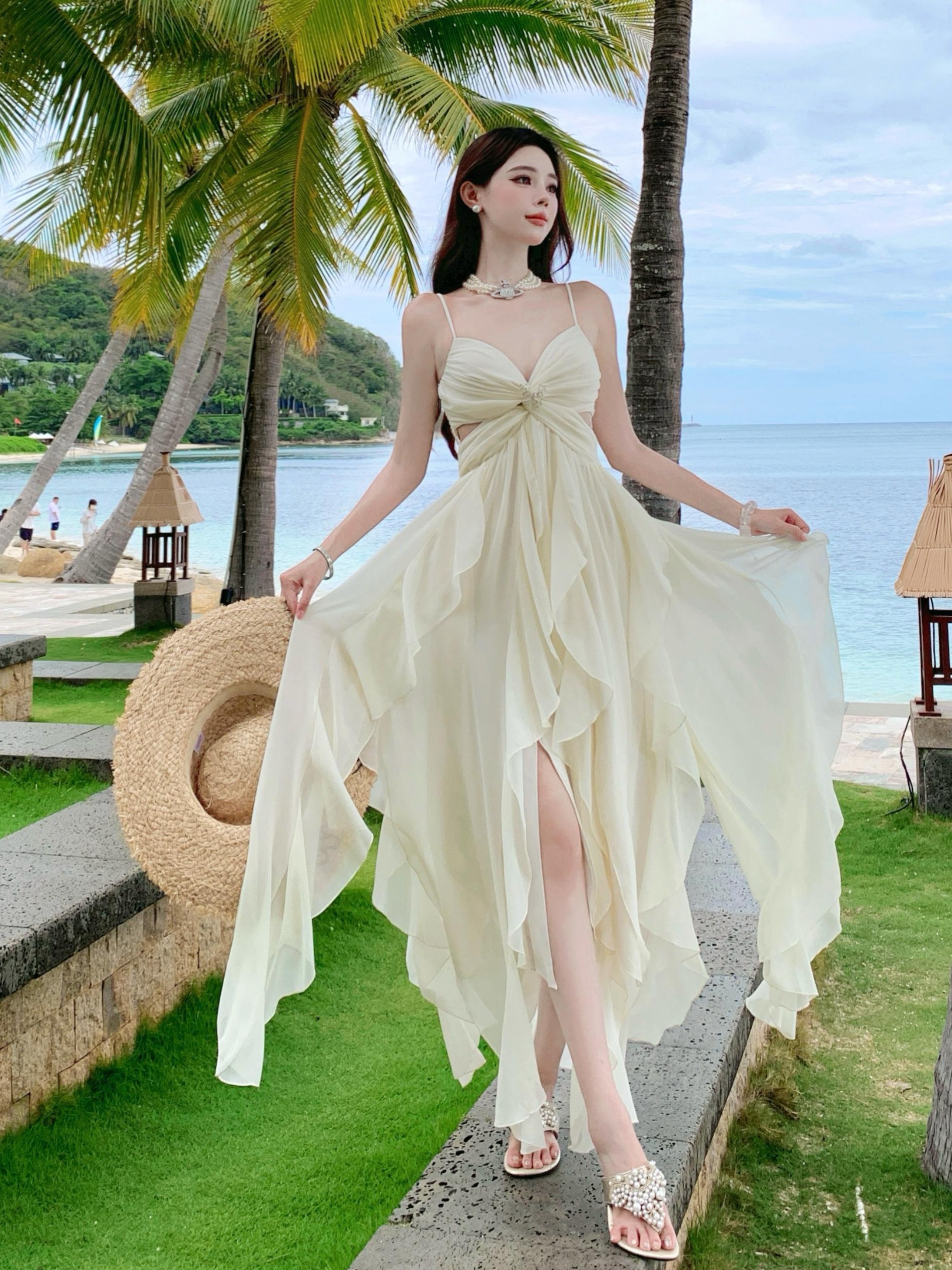 Ultra-Feminine French-Style Ruffled Strap Dress with Irregular Split - Sexy Long Fairy Dress for Beach Vacation Ultra-Feminine French-Style Ruffled Strap Dress with Irregular Split - Sexy Long Fairy Dress for Beach Vacation