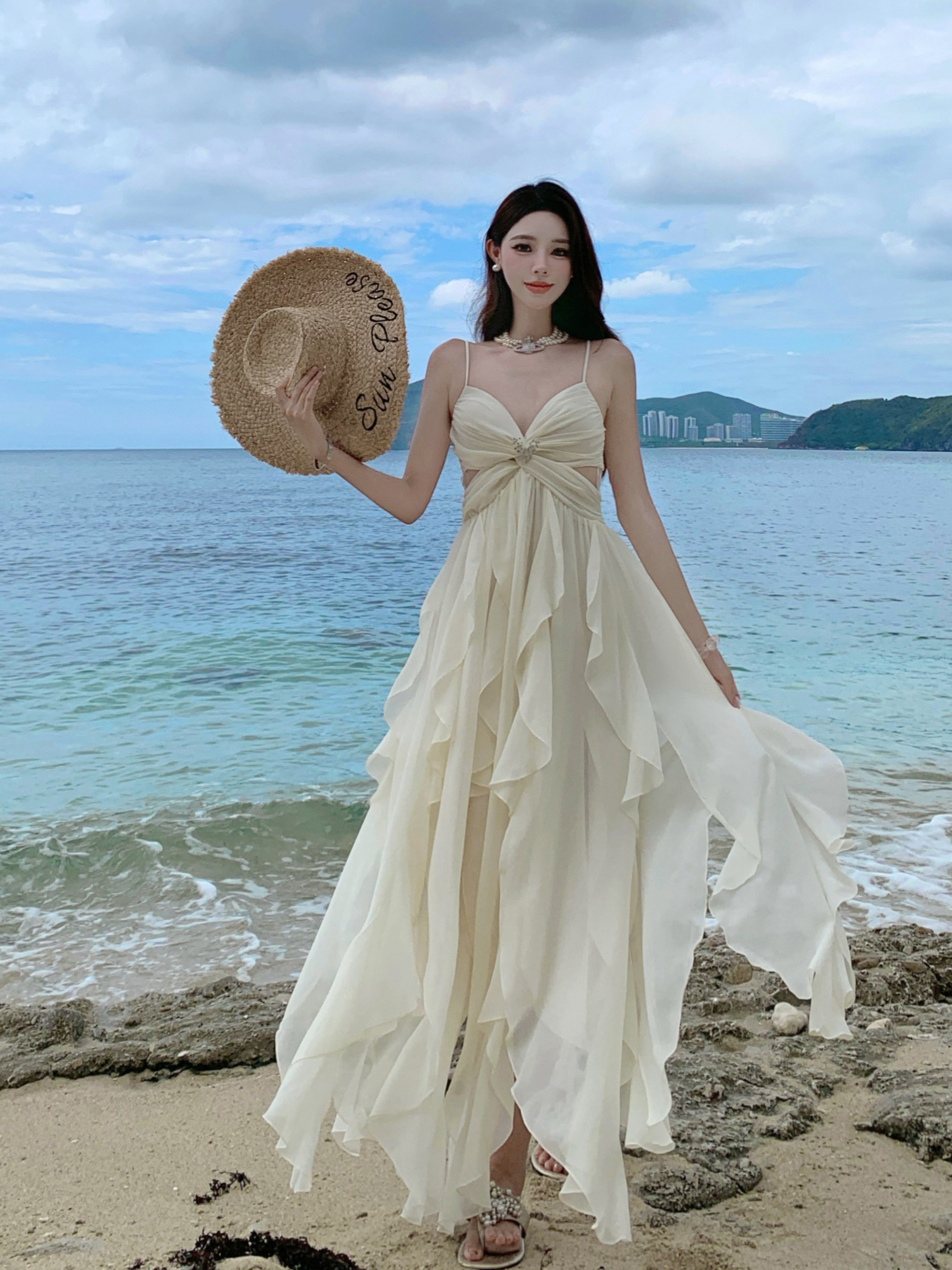 Ultra-Feminine French-Style Ruffled Strap Dress with Irregular Split - Sexy Long Fairy Dress for Beach Vacation