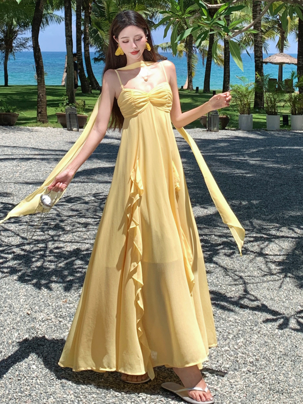 Ultra-Feminine Greek Goddess Spaghetti Strap Chiffon Dress with Ruffles and Flowing Skirt for Seaside Summer Vacation