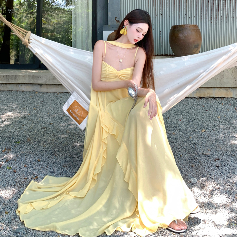 Ultra-Feminine Greek Goddess Spaghetti Strap Chiffon Dress with Ruffles and Flowing Skirt for Seaside Summer Vacation