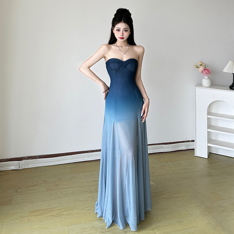 Undersea Galaxy Blue Gradient Strapless A-Line Evening Dress - Waist-Defined Slim Fit for Elegant 90s-Inspired Style