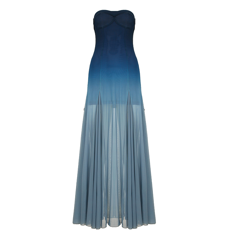 Undersea Galaxy Blue Gradient Strapless A-Line Evening Dress - Waist-Defined Slim Fit for Elegant 90s-Inspired Style