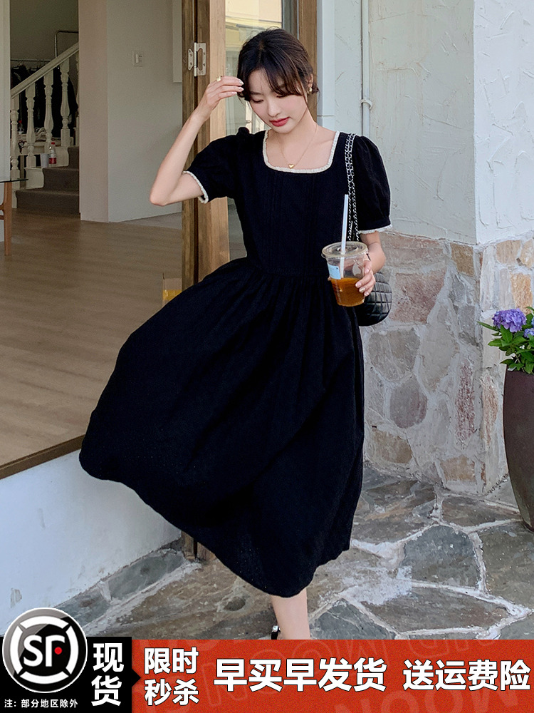 Unique Black Square-Neck Dress for Women - French Style Hepburn-Inspired, Waist-Cinching, Long Summer Dress 2025 Unique Black Square-Neck Dress for Women - French Style Hepburn-Inspired, Waist-Cinching, Long Summer Dress 2025