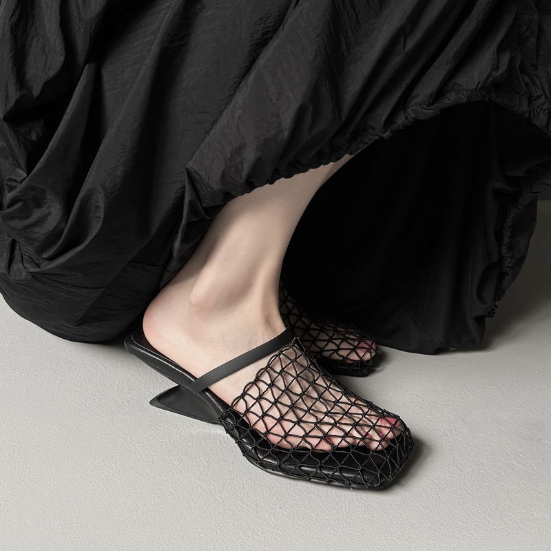 Unique Fishnet Half Slippers with Woven Mesh, Hollow-Out Irregular Heel High-Heeled Outdoor Sandals for Women - Summer Style