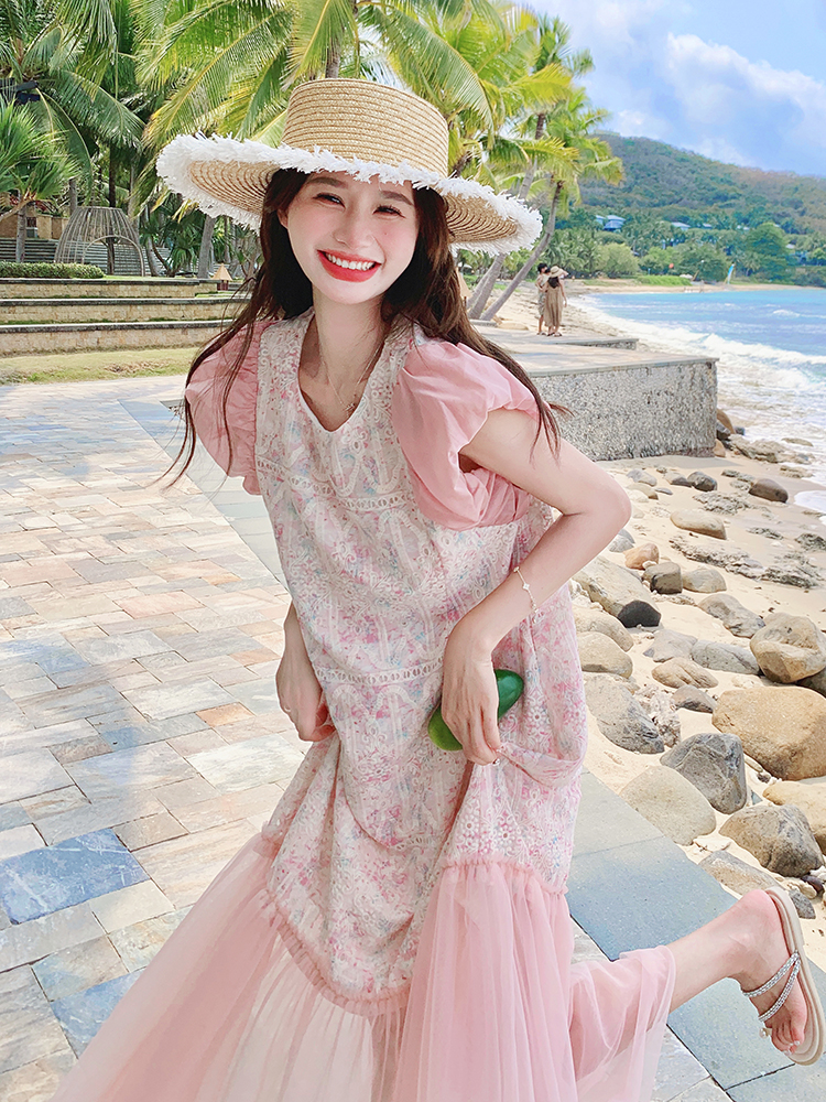 Unique Pink Mermaid Dress for Women - Summer 2025 Trendy Mesh Splicing for Seaside Vacation - Fashionable and Beautiful