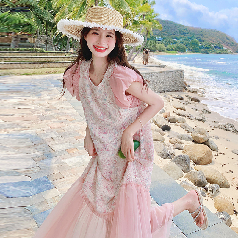 Unique Pink Mermaid Dress for Women - Summer 2025 Trendy Mesh Splicing for Seaside Vacation - Fashionable and Beautiful