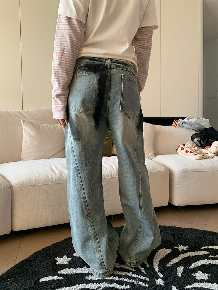 Unisex American Retro Graffiti Distressed Ripped Jeans - Loose Straight High Street Style Long Pants