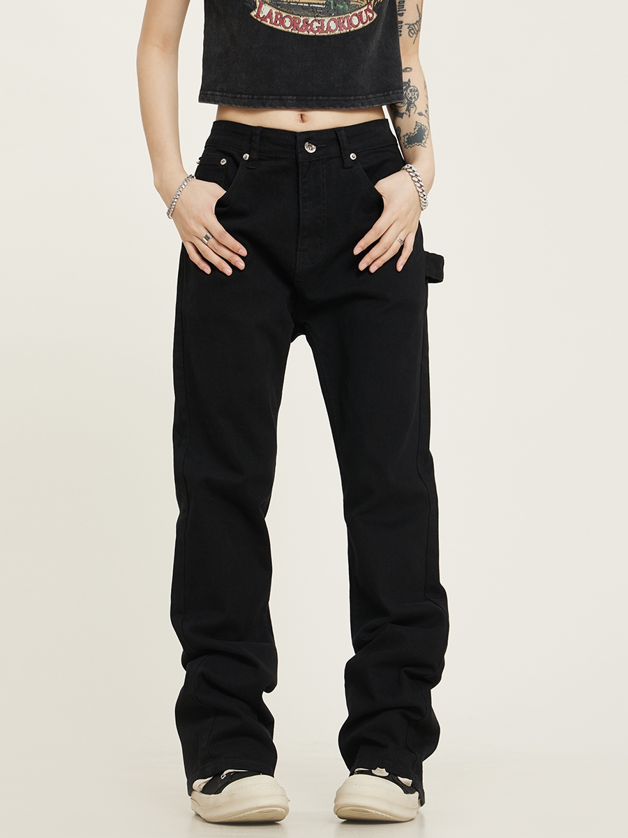 Unisex Black Straight Leg Jeans, Slim Fit, Trendy American Streetwear Casual Pants for Men and Women