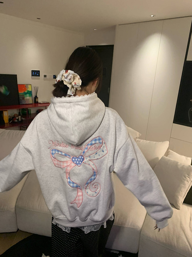 Unisex Casual Hoodie with Bow Tie Letter Patch Embroidery, Loose Fit American Style Sweatshirt for Spring and Autumn Fashion Unisex Casual Hoodie with Bow Tie Letter Patch Embroidery, Loose Fit American Style Sweatshirt for Spring and Autumn Fashion