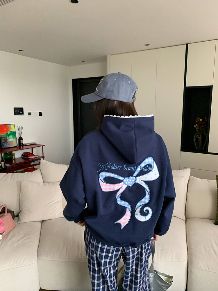 Unisex Casual Hoodie with Bow Tie Letter Patch Embroidery, Loose Fit American Style Sweatshirt for Spring and Autumn Fashion