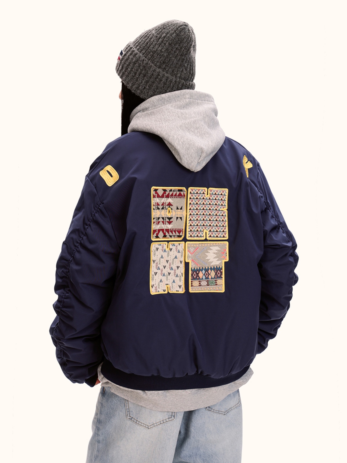 Unisex Ethnic Style Embroidered Padded Baseball Jacket - Vintage American Loose Fit Coat for Autumn Winter Fashion