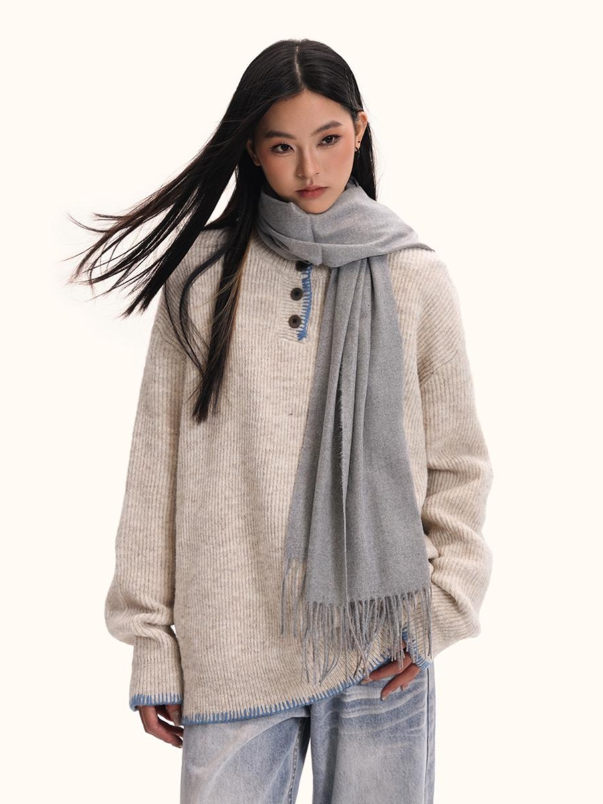 Unisex Hand-Sewn Henry Collar Sweater - Loose Fit American Vintage Style Top Jacket Unisex Hand-Sewn Henry Collar Sweater - Loose Fit American Vintage Style Top Jacket