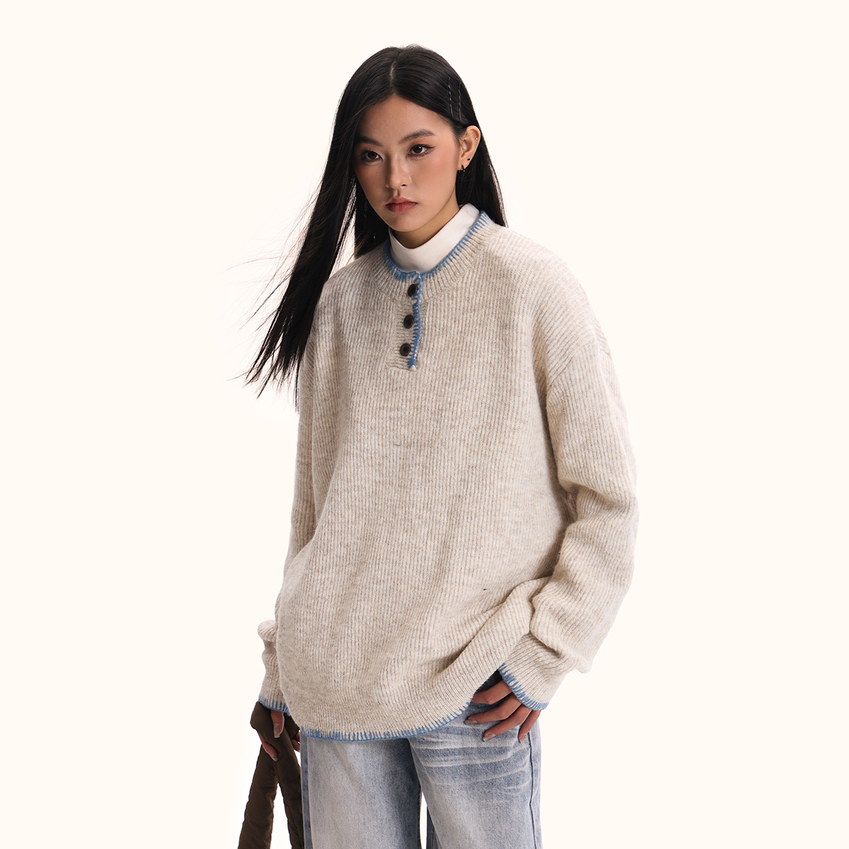 Unisex Hand-Sewn Henry Collar Sweater - Loose Fit American Vintage Style Top Jacket